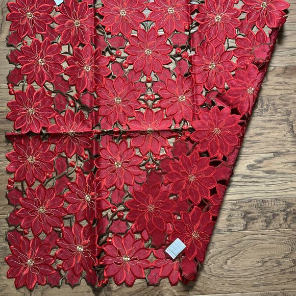 NWT Christmas Table Runner Embroidered Red Poinsettia Holly Wimpole Creations - Picture 5 of 5
